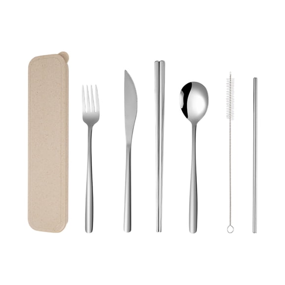7-Piece Korean Stainless Steel Cutlery Set, Portable Outdoor Camping Flatware with Knife, Fork, Spoon, Chopsticks, Straw and Brush, Piano-Baked Lacquer Handles, Includes Compact Storage Bag