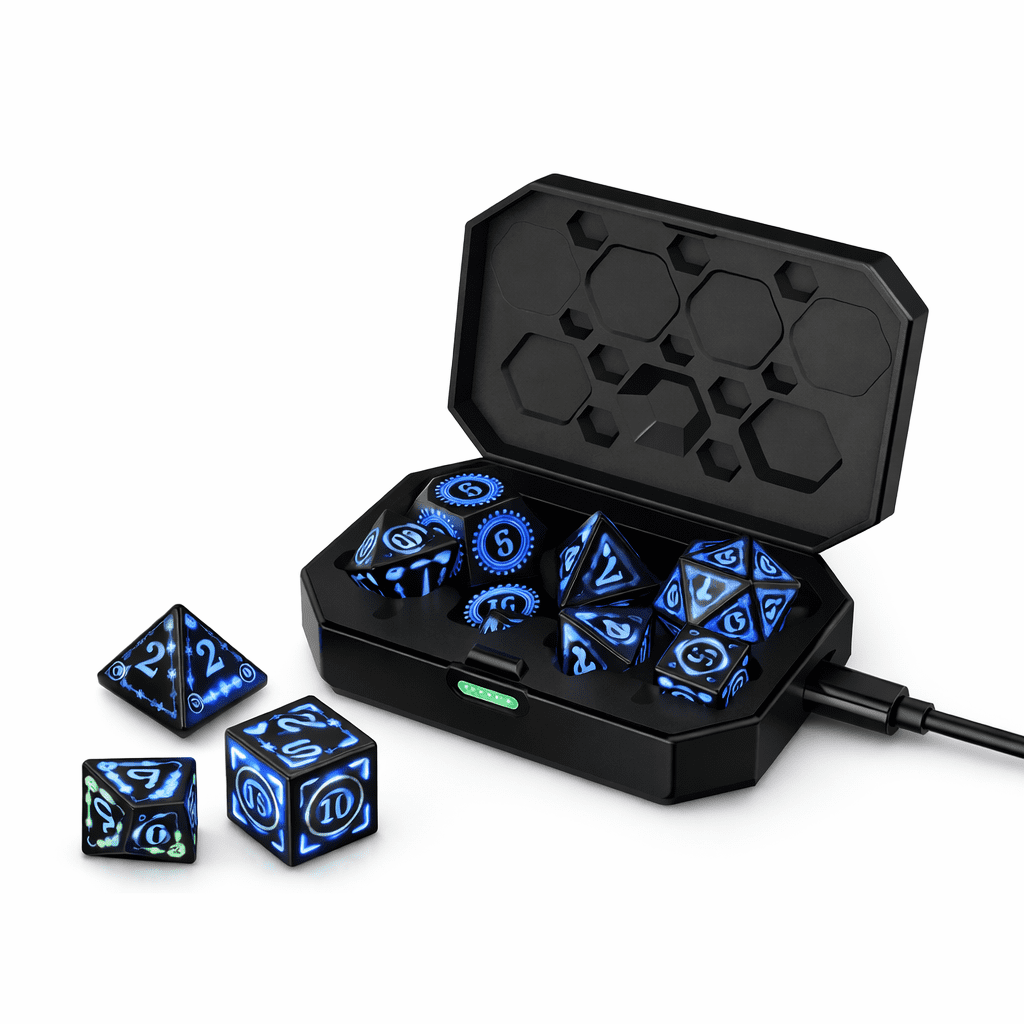7-Piece LED Light Up Dice Set with Charging Case, Rechargeable Polyhedral Dice for Tabletop RPG, D4 D6 D8 D10 D12 D20