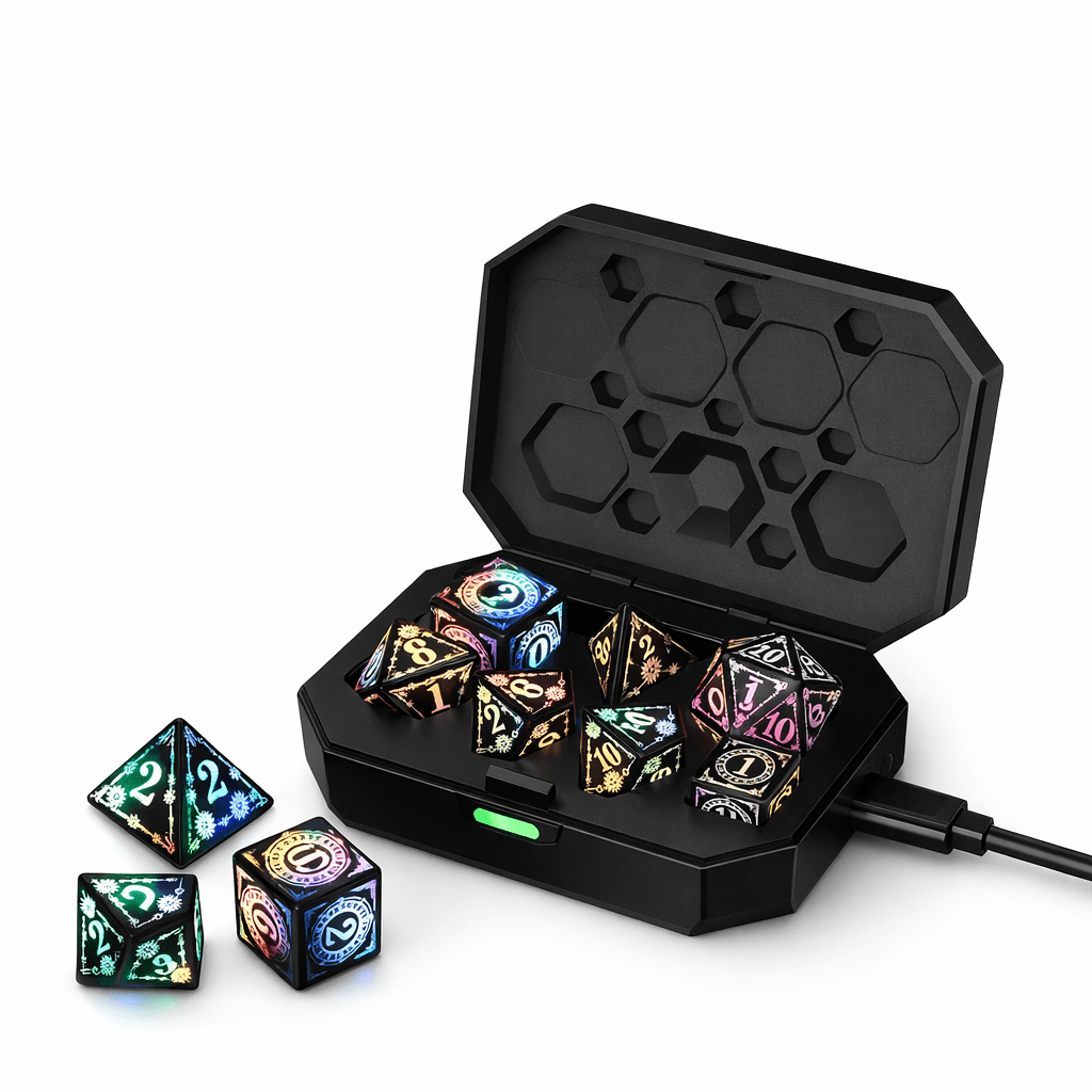 7-Piece LED Light Up Dice Set with Charging Case, Rechargeable Polyhedral Dice for Tabletop RPG, D4 D6 D8 D10 D12 D20