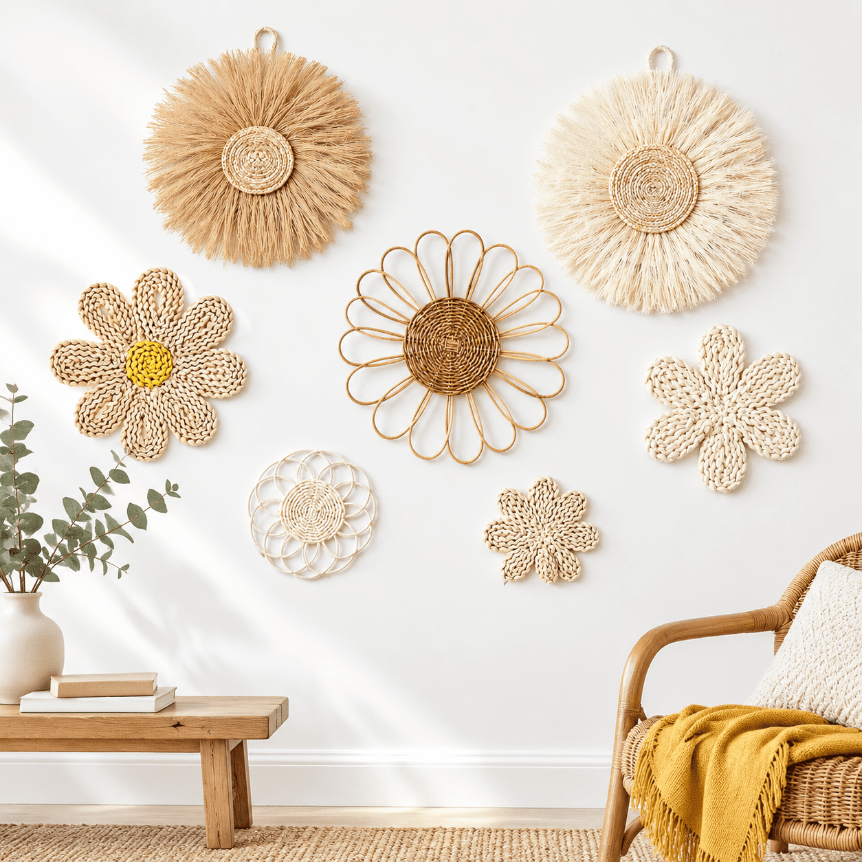 7 Piece Light Beige Yellow Boho Wall Sculpture Set, Rattan Reed ...