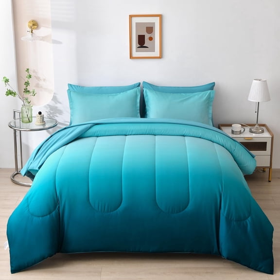 7 Piece Light Teal King Bed-in-a-Bag All Season Ombre Bedding Set