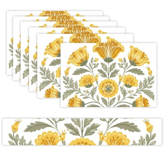 7 Piece Linen Table Runner and Placemats Set, Amber Floral Cluster Round Corner Heat Resistant Washable Table Mats for Home Kitchen Dining Party Decoration