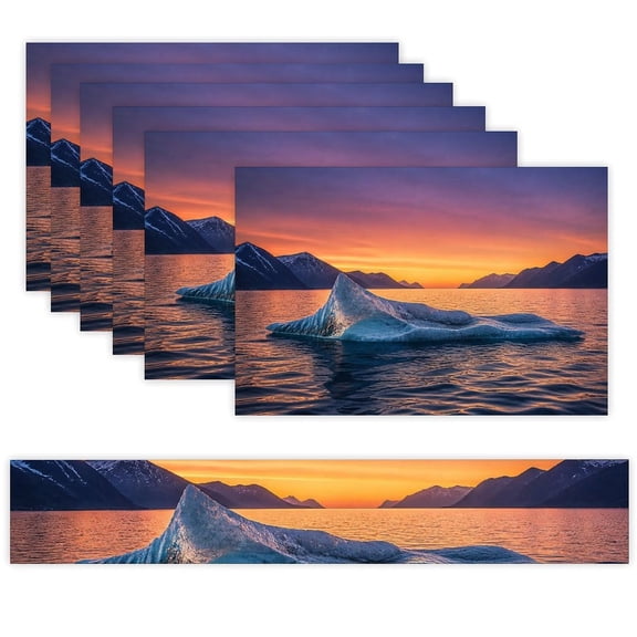 7 Piece Linen Table Runner and Placemats Set, Arctic Iceberg Twilight Glow Round Corner Heat Resistant Washable Table Mats for Home Kitchen Dining Party Decoration