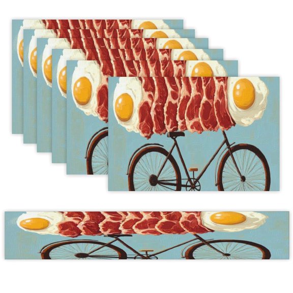 7 Piece Linen Table Runner and Placemats Set, Bacon Eggs Bicycle Art Round Corner Heat Resistant Washable Table Mats for Home Kitchen Dining Party Decoration