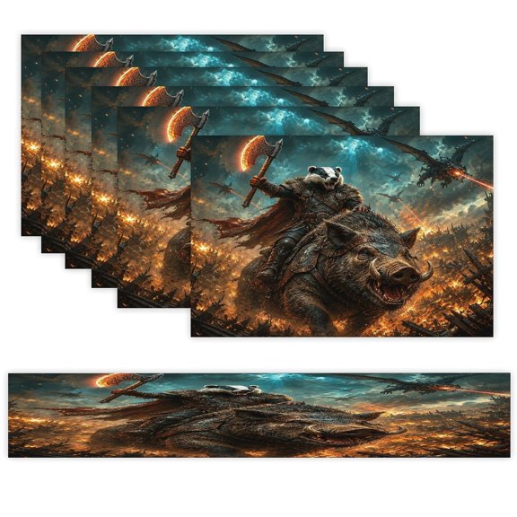 7 Piece Linen Table Runner and Placemats Set, Badger Viking Riding Battle Boar Round Corner Heat Resistant Washable Table Mats for Home Kitchen Dining Party Decoration