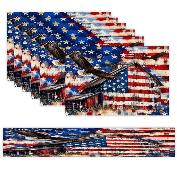 7 Piece Linen Table Runner and Placemats Set, Barn Eagle Flag Grunge Rustic Round Corner Heat Resistant Washable Table Mats for Home Kitchen Dining Party Decoration