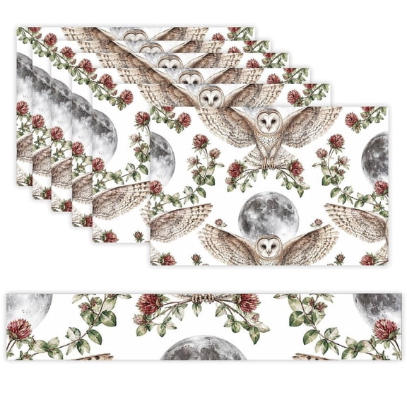 7 Piece Linen Table Runner and Placemats Set, Barn Owl with Clover And Moon Round Corner Heat Resistant Washable Table Mats for Home Kitchen Dining Party Decoration