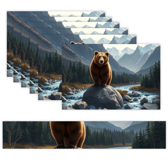 7 Piece Linen Table Runner and Placemats Set, Brown Bear River Mountain Round Corner Heat Resistant Washable Table Mats for Home Kitchen Dining Party Decoration