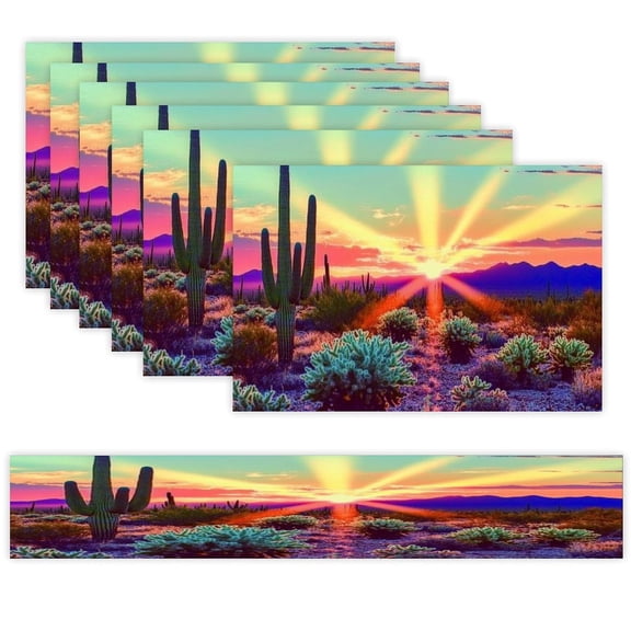 7 Piece Linen Table Runner and Placemats Set, Cactus Desert Sunset Rays Round Corner Heat Resistant Washable Table Mats for Home Kitchen Dining Party Decoration