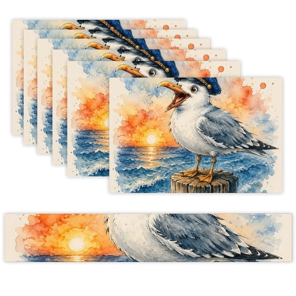 7 Piece Linen Table Runner and Placemats Set, Captain Seagull At Sunset Pier Round Corner Heat Resistant Washable Table Mats for Home Kitchen Dining Party Decoration