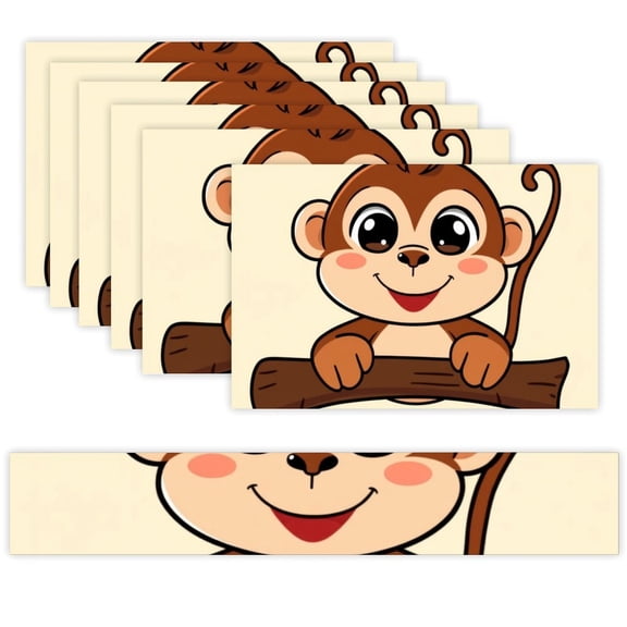 7 Piece Linen Table Runner and Placemats Set, Cartoon Monkey Cute Round Corner Heat Resistant Washable Table Mats for Home Kitchen Dining Party Decoration