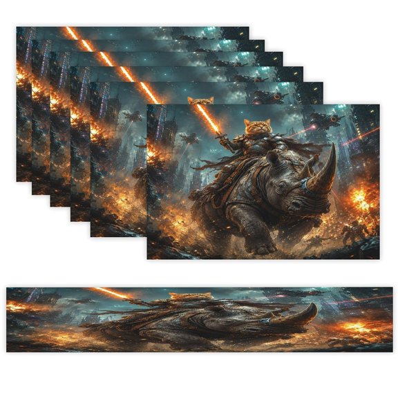 7 Piece Linen Table Runner and Placemats Set, Cat Knight Riding Armored Rhino Round Corner Heat Resistant Washable Table Mats for Home Kitchen Dining Party Decoration