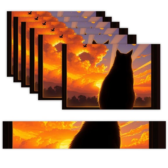 7 Piece Linen Table Runner and Placemats Set, Cat Window Sunset View Round Corner Heat Resistant Washable Table Mats for Home Kitchen Dining Party Decoration