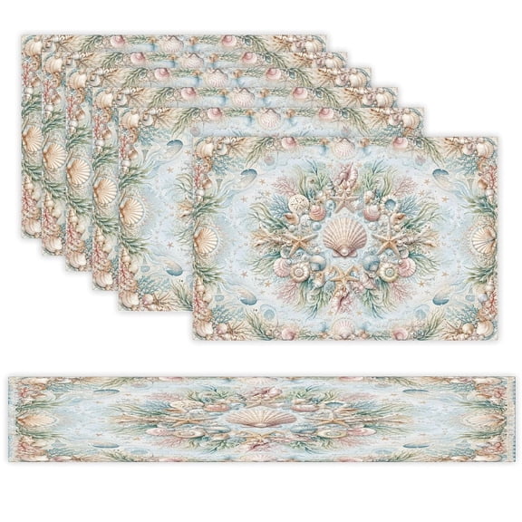 7 Piece Linen Table Runner and Placemats Set, Central Shell Medallion Round Corner Heat Resistant Washable Table Mats for Home Kitchen Dining Party Decoration