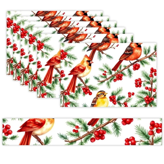 7 Piece Linen Table Runner and Placemats Set, Christmas Cardinal Berries Round Corner Heat Resistant Washable Table Mats for Home Kitchen Dining Party Decoration