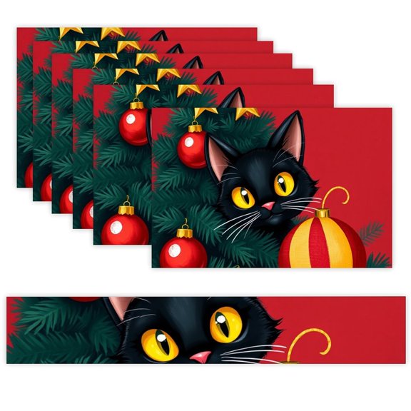 7 Piece Linen Table Runner and Placemats Set, Christmas Cat Ornaments Holiday Round Corner Heat Resistant Washable Table Mats for Home Kitchen Dining Party Decoration