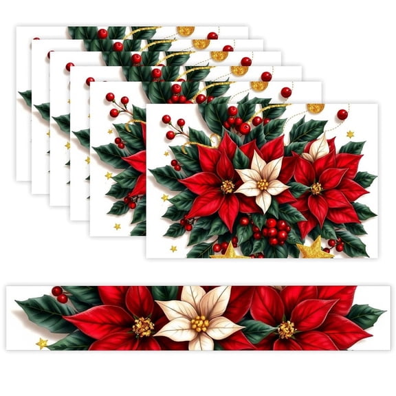 7 Piece Linen Table Runner and Placemats Set, Christmas Poinsettia Wreath Round Corner Heat Resistant Washable Table Mats for Home Kitchen Dining Party Decoration