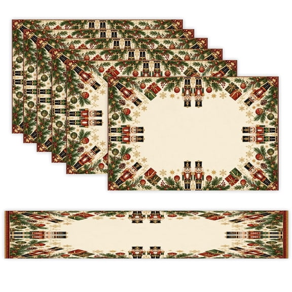 7 Piece Linen Table Runner and Placemats Set, Classic Nutcracker Xmas Garland Round Corner Heat Resistant Washable Table Mats for Home Kitchen Dining Party Decoration