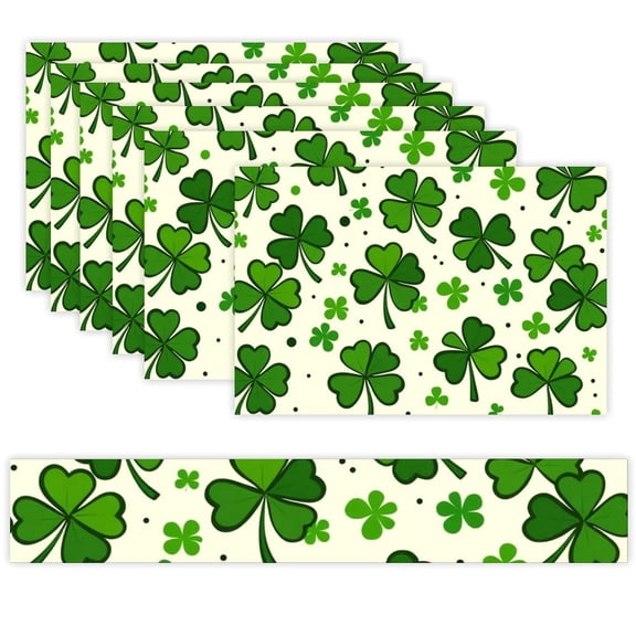 7 Piece Linen Table Runner and Placemats Set, Clover Green Pattern Round Corner Heat Resistant Washable Table Mats for Home Kitchen Dining Party Decoration