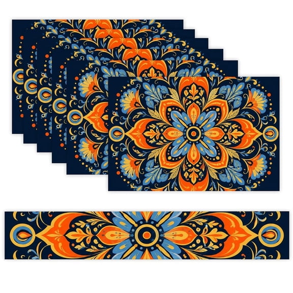 7 Piece Linen Table Runner and Placemats Set, Colorful Mandala Floral Pattern Round Corner Heat Resistant Washable Table Mats for Home Kitchen Dining Party Decoration