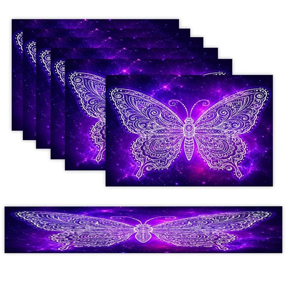 7 Piece Linen Table Runner and Placemats Set, Cosmic Butterfly Mandala Round Corner Heat Resistant Washable Table Mats for Home Kitchen Dining Party Decoration