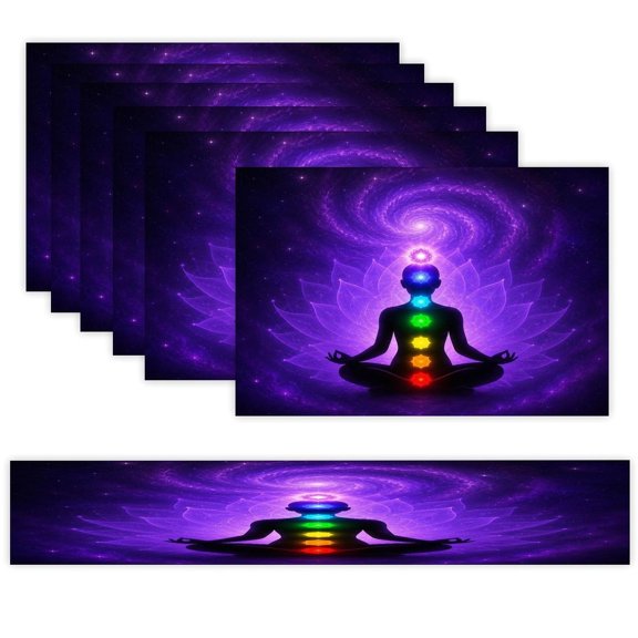 7 Piece Linen Table Runner and Placemats Set, Cosmic Chakra Meditation Figure Round Corner Heat Resistant Washable Table Mats for Home Kitchen Dining Party Decoration