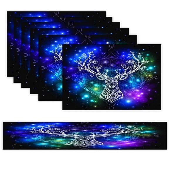 7 Piece Linen Table Runner and Placemats Set, Cosmic Deer Mandala Glow Round Corner Heat Resistant Washable Table Mats for Home Kitchen Dining Party Decoration