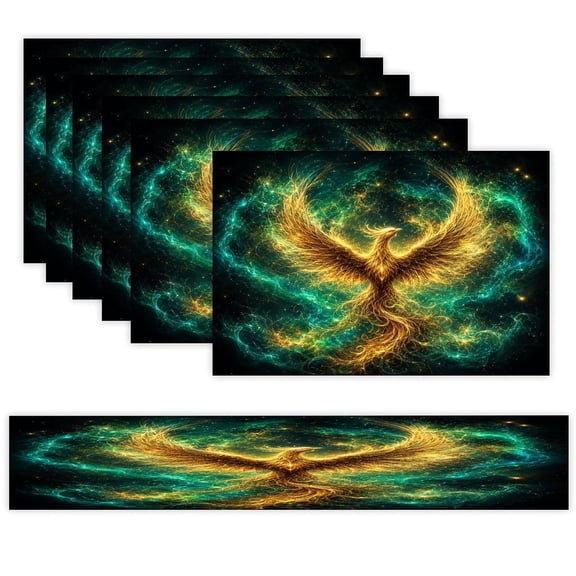 7 Piece Linen Table Runner and Placemats Set, Cosmic Golden Phoenix Round Corner Heat Resistant Washable Table Mats for Home Kitchen Dining Party Decoration