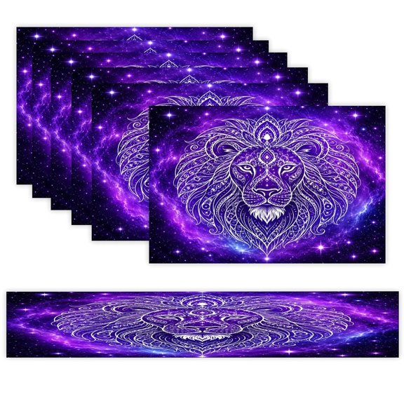 7 Piece Linen Table Runner and Placemats Set, Cosmic Lion Mandala Art Round Corner Heat Resistant Washable Table Mats for Home Kitchen Dining Party Decoration