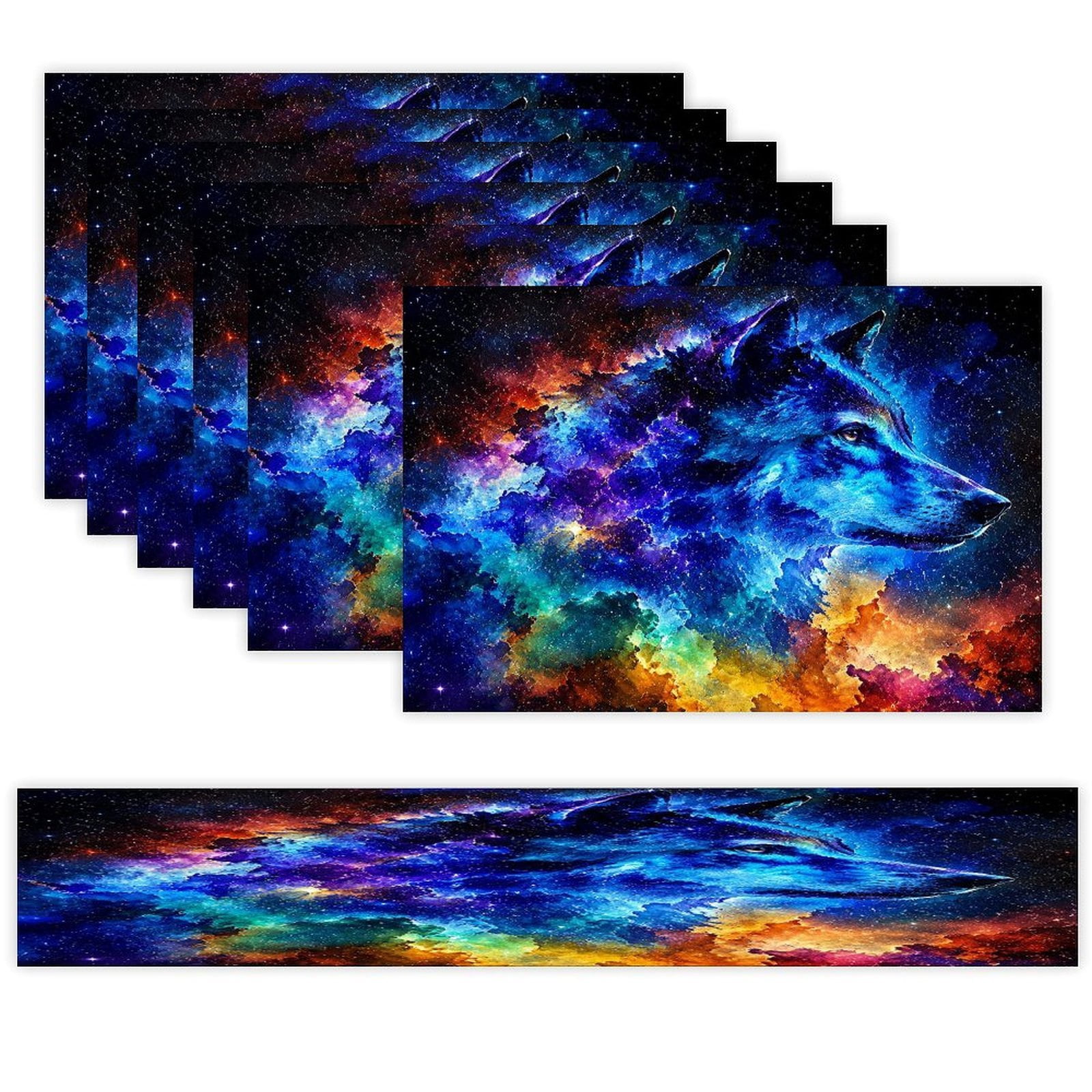 7 Piece Linen Table Runner and Placemats Set, Cosmic Nebula Rainbow Art ...