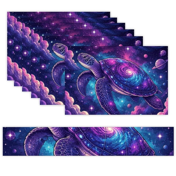 7 Piece Linen Table Runner and Placemats Set, Cosmic Sea Turtle Among ...