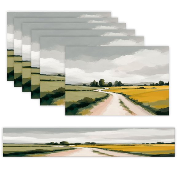 7 Piece Linen Table Runner and Placemats Set, Country Road Fields Landscape Round Corner Heat Resistant Washable Table Mats for Home Kitchen Dining Party Decoration