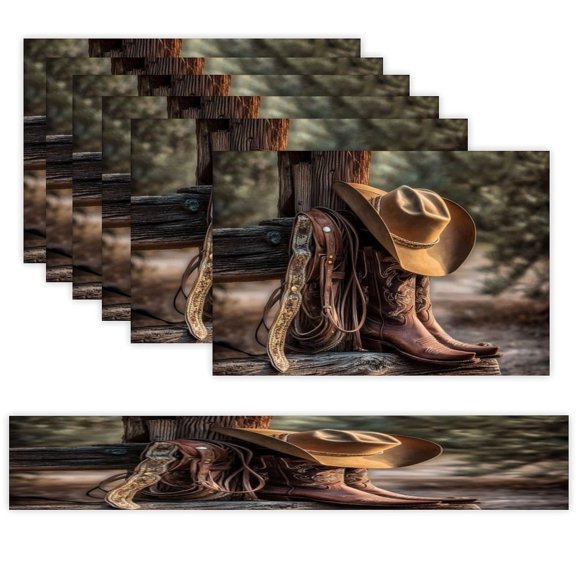 7 Piece Linen Table Runner and Placemats Set, Cowboy Boots Hat Fence Round Corner Heat Resistant Washable Table Mats for Home Kitchen Dining Party Decoration