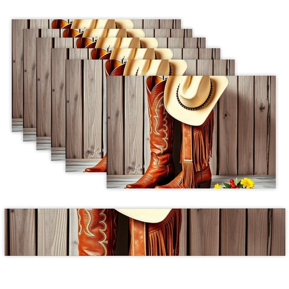7 Piece Linen Table Runner and Placemats Set, Cowboy Boots Hat Round Corner Heat Resistant Washable Table Mats for Home Kitchen Dining Party Decoration