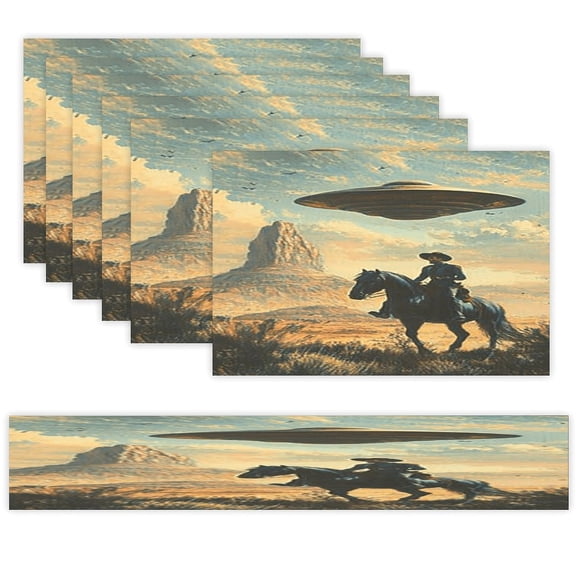 7 Piece Linen Table Runner and Placemats Set, Cowboy Horse UFO Desert Round Corner Heat Resistant Washable Table Mats for Home Kitchen Dining Party Decoration