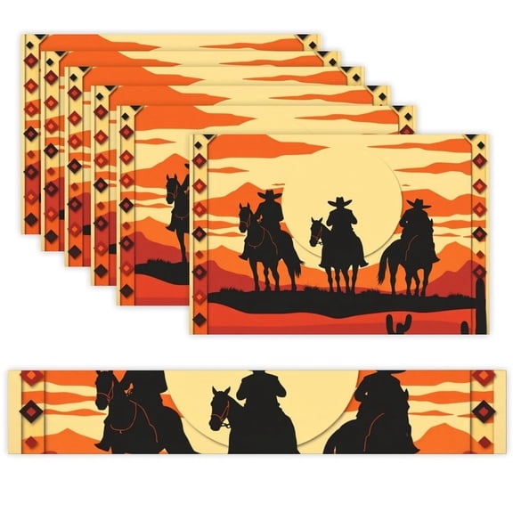 7 Piece Linen Table Runner and Placemats Set, Cowboy Sunset Horse Silhouette Round Corner Heat Resistant Washable Table Mats for Home Kitchen Dining Party Decoration