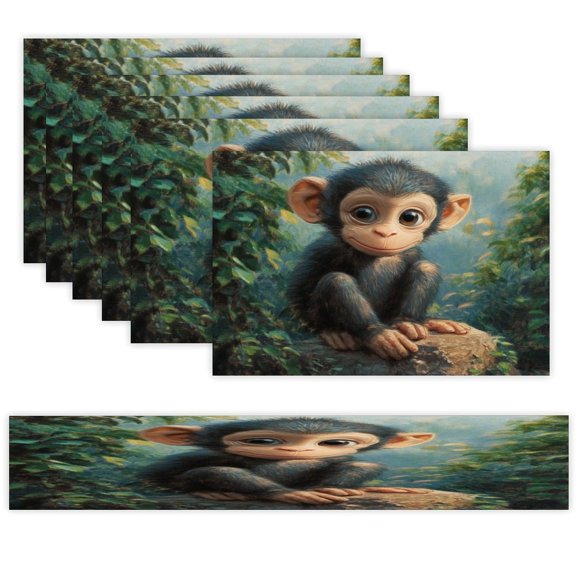 7 Piece Linen Table Runner and Placemats Set, Cute Baby Monkey Forest Round Corner Heat Resistant Washable Table Mats for Home Kitchen Dining Party Decoration