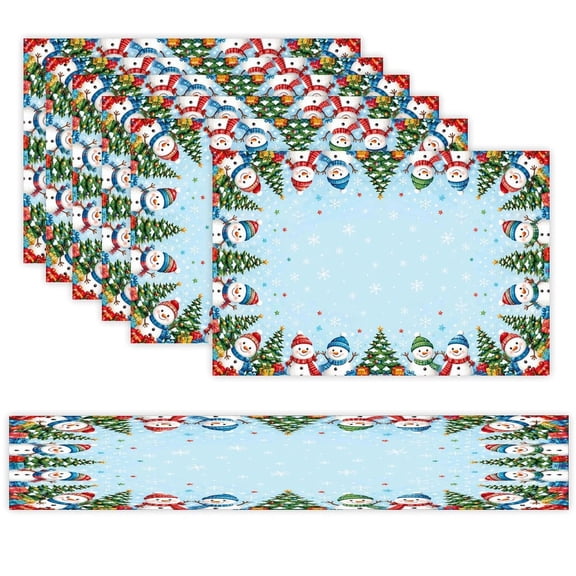 7 Piece Linen Table Runner and Placemats Set, Cute Snowman Christmas Tree Round Corner Heat Resistant Washable Table Mats for Home Kitchen Dining Party Decoration
