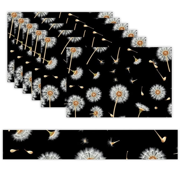 7 Piece Linen Table Runner and Placemats Set, Dandelion Black Background Round Corner Heat Resistant Washable Table Mats for Home Kitchen Dining Party Decoration