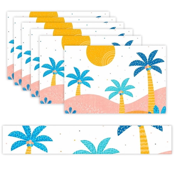 7 Piece Linen Table Runner and Placemats Set, Desert Palms Golden Sun ...