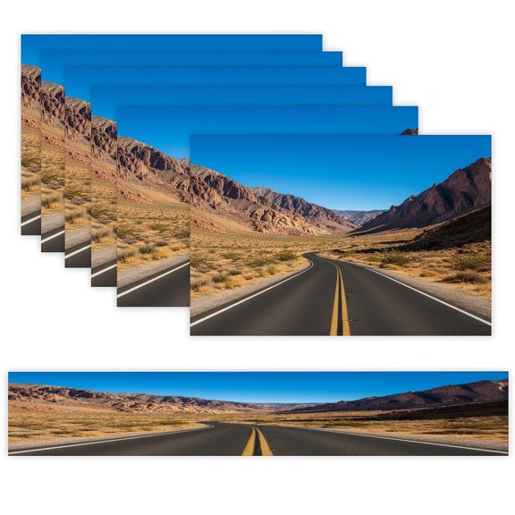 7 Piece Linen Table Runner and Placemats Set, Desert Road Mountain Landscape Round Corner Heat Resistant Washable Table Mats for Home Kitchen Dining Party Decoration