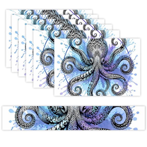 7 Piece Linen Table Runner and Placemats Set, Detailed Octopus Mandala Circle Round Corner Heat Resistant Washable Table Mats for Home Kitchen Dining Party Decoration