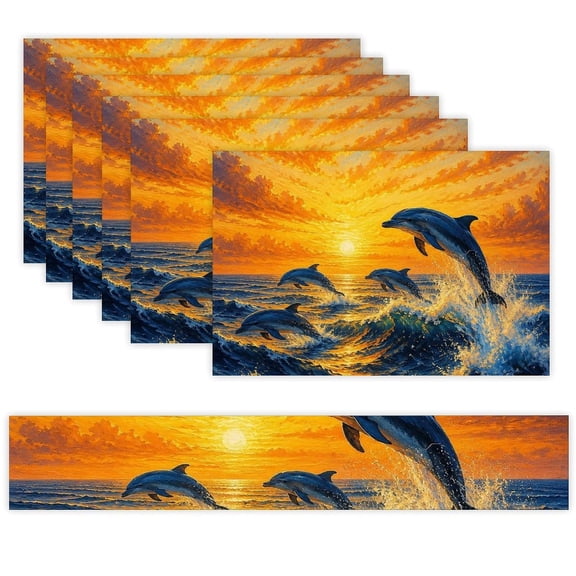 7 Piece Linen Table Runner and Placemats Set, Dolphins Dancing On Sunset Waves Round Corner Heat Resistant Washable Table Mats for Home Kitchen Dining Party Decoration