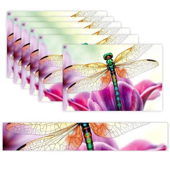 7 Piece Linen Table Runner and Placemats Set, Dragonfly Tulip Macro ...