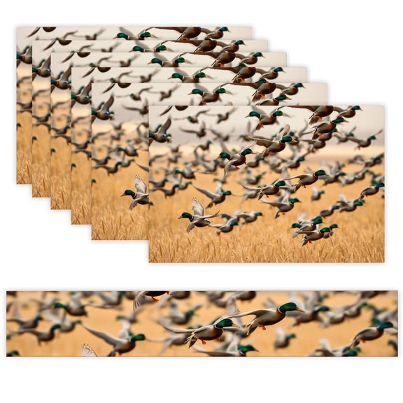 7 Piece Linen Table Runner and Placemats Set, Ducks Fly Field Round Corner Heat Resistant Washable Table Mats for Home Kitchen Dining Party Decoration