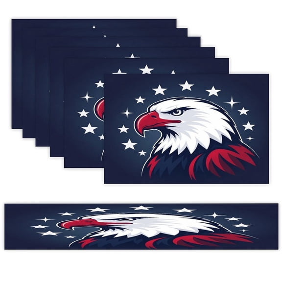 7 Piece Linen Table Runner and Placemats Set, Eagle Head Logo Stars Dark Round Corner Heat Resistant Washable Table Mats for Home Kitchen Dining Party Decoration