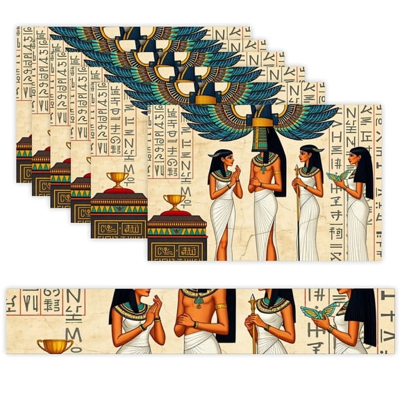 7 Piece Linen Table Runner and Placemats Set, Egyptian Gods Priestesses Temple Art Round Corner Heat Resistant Washable Table Mats for Home Kitchen Dining Party Decoration