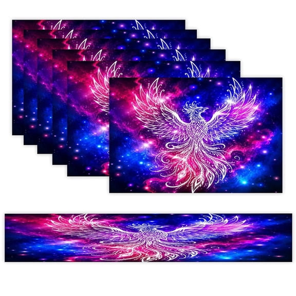 7 Piece Linen Table Runner and Placemats Set, Ethereal Deer Mandala Lights Round Corner Heat Resistant Washable Table Mats for Home Kitchen Dining Party Decoration
