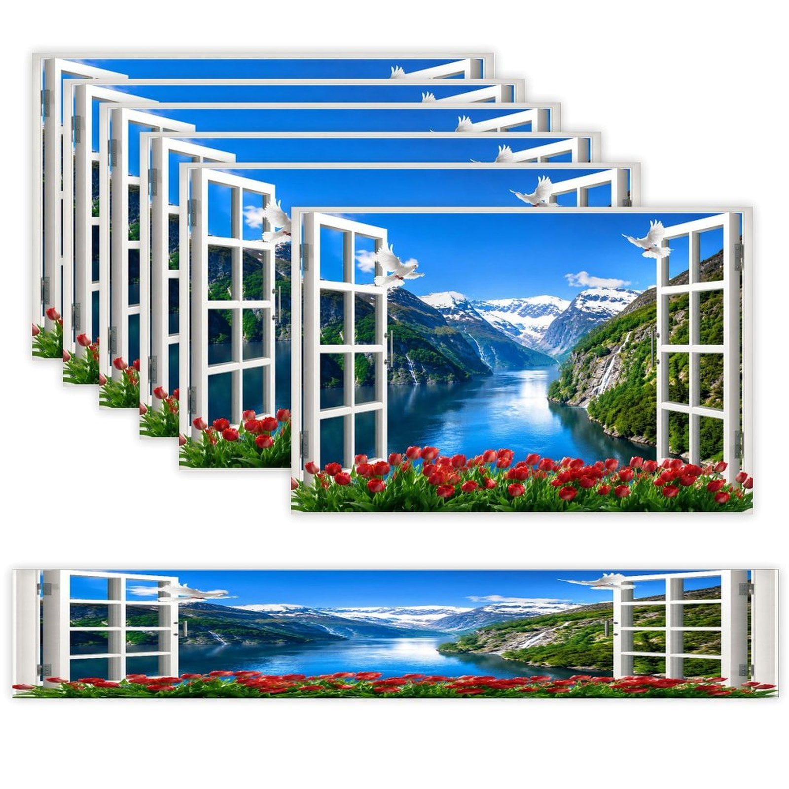 7 Piece Linen Table Runner and Placemats Set, Fjord Mountain Window ...