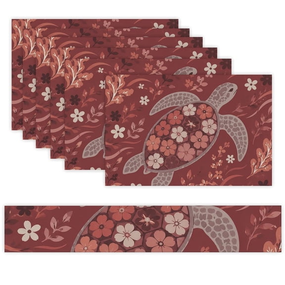 7 Piece Linen Table Runner and Placemats Set, Flower Turtle Shell Design Round Corner Heat Resistant Washable Table Mats for Home Kitchen Dining Party Decoration